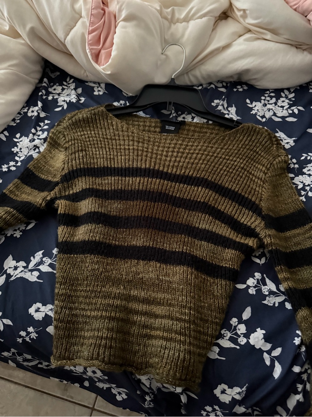 Forever 21 Olive Green and Black Striped Crewneck Sweater